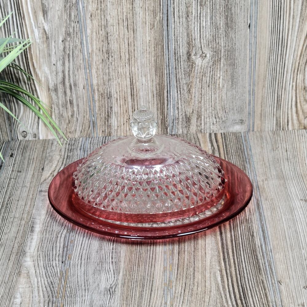 Indiana Glass Diamond Point Ruby Red Oval Covered Butter Dish Vintage